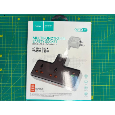 Подовжувач мережевий HOCO AC12A, 2 розетки, 3USB, Type-C, чорний